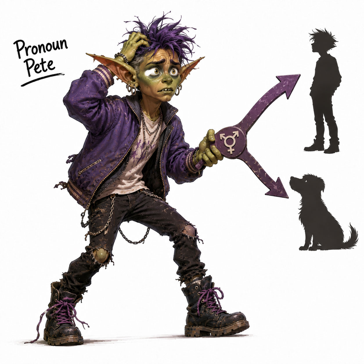 Pronoun Pete pointing a confused arrow at a person and a dog