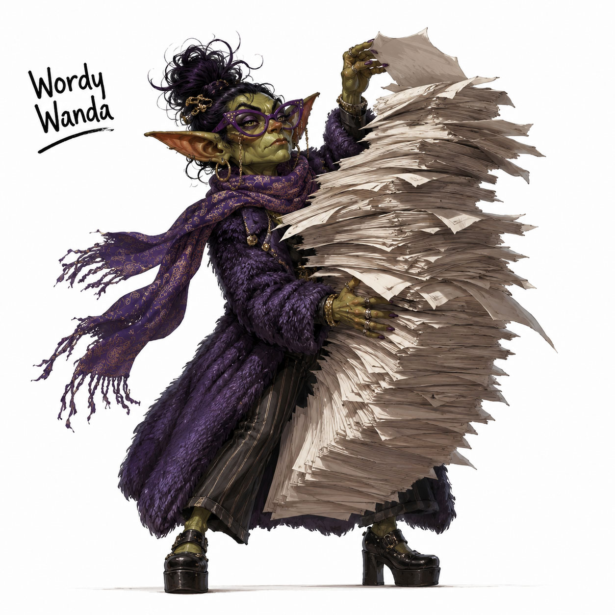 Wordy Wanda carrying an enormous stack of paper