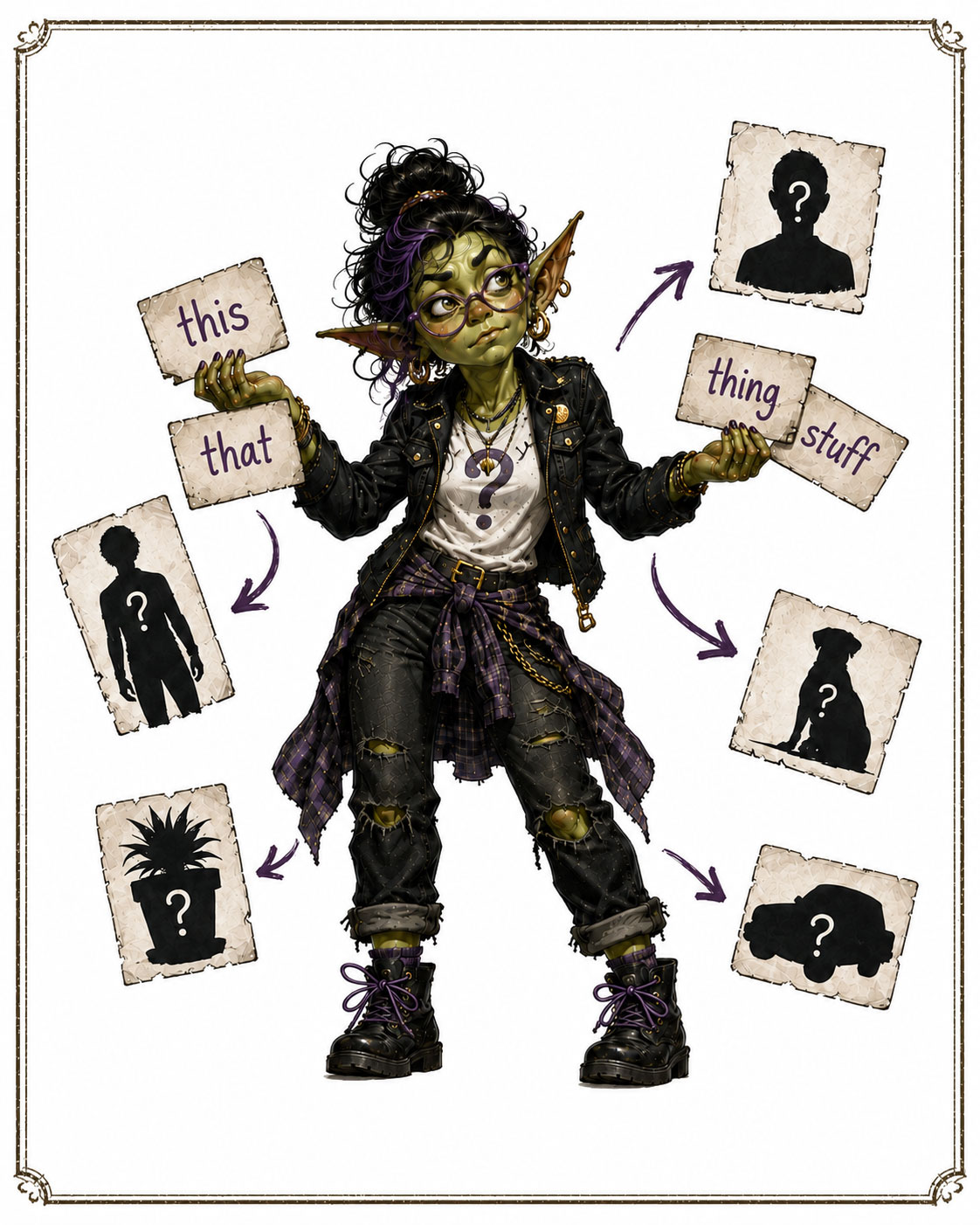 Vague Veronica holding cards reading this, that, thing, stuff